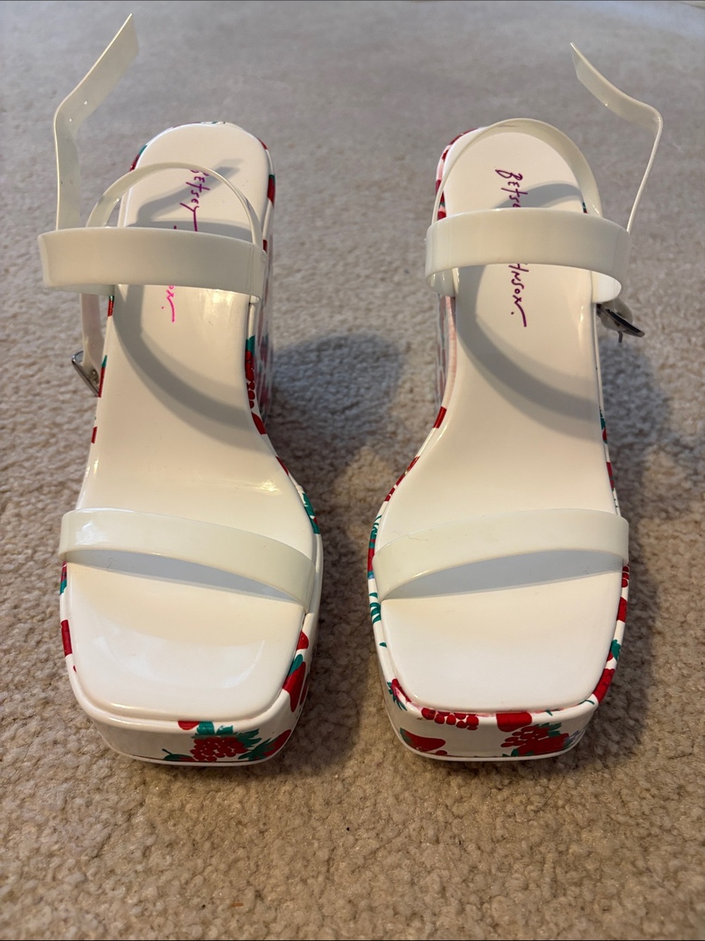 Betsey Johnson White Platform Sandals with Red & Green Floral Trim